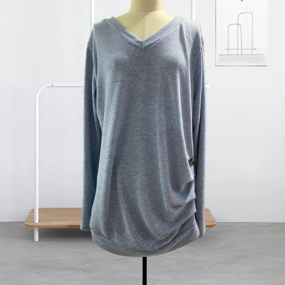 

Breathable Warm V-neck Shirt Stylish V-neck Long Sleeve Women's Pullover Blouse with Side Buttons Casual Spring Autumn for Women