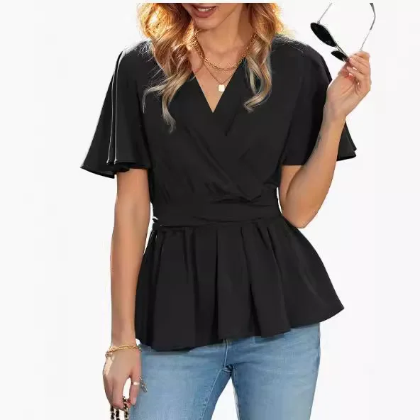 Damska bluzka z falbankami, letnia, kopertowa, z krótkim rękawem, dekolt w serek, top z paskiem.