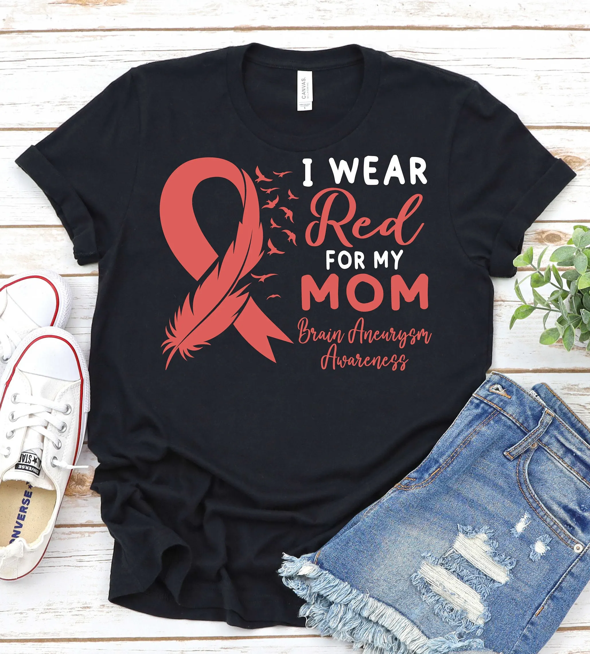 Brain Aneurysm Awareness T Shirt Red Ribbon Rupture Support Mom Cerebral