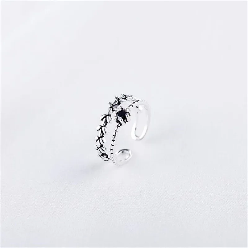 New Creative Leaf 925 Sterling Silver Jewelry Fashion Personality Black Crystal Twist Branch Geometric Opening Rings  R325