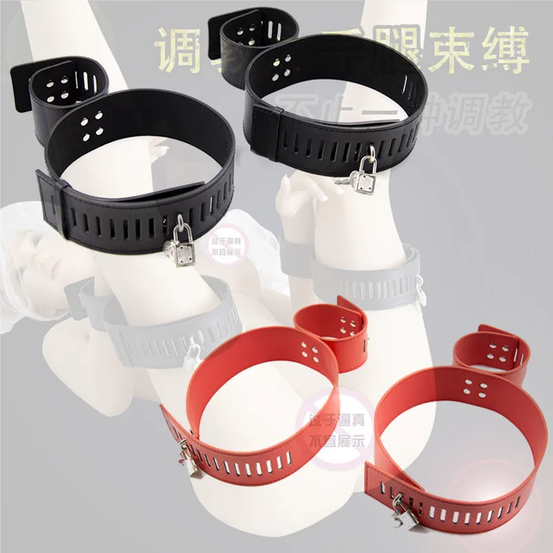 PU Leather Wrist&Leg Cuffs Set Fantasy Bondage Restraint System Locking Hands To Thighs Harness Straps BDSM Toys for Couple