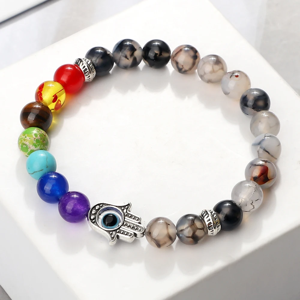 7 Chakra Bracelets Men Natural Tiger Eye Stone Lava Onyx Agates Beads Bracelet Turkish Evil Eye Hand Of Fatima Jewelry Bangles