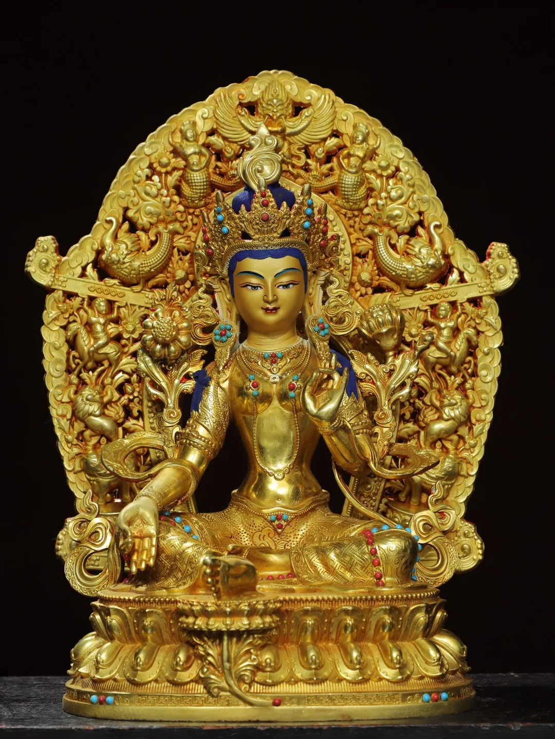 

Home Worship of Religious Buddha Statue Copper Gilded Gold Painted Backlight [Green Tara] Buddha Statue Height 34 cm