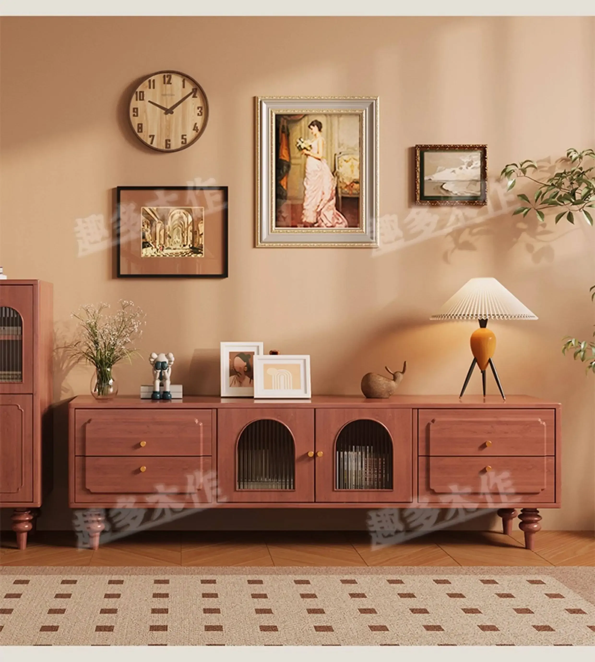 

PYH solid wood TV cabinet retro style walnut new light luxury home living room coffee table storage side cabinet