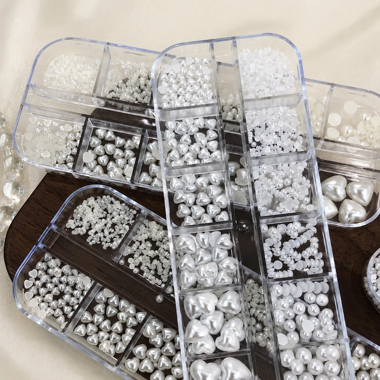 12 Grids Heart & Round Pearl Nail Charms Set Mixed Size White Pearls 3D Nail Art Decorations view 5