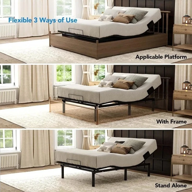 S3 Adjus Cadre de lit Base Queen, sans fil, assemblage rapide de 5 minutes, dégagement zéro, gravité zéro, silencieux Du