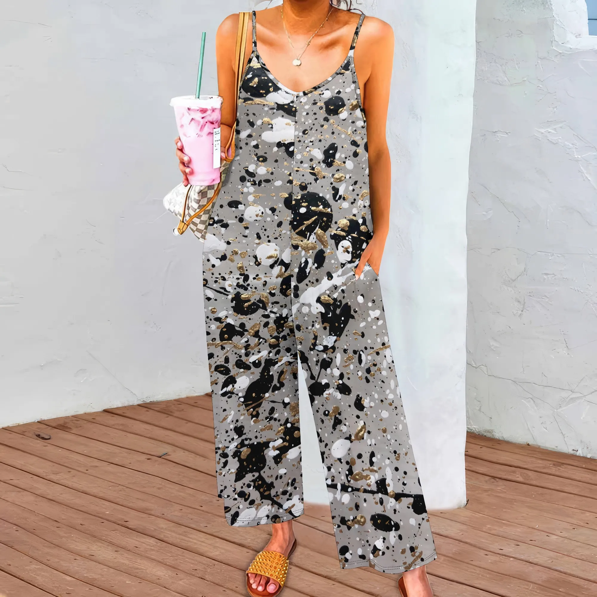 

Women's Navy Abstract Spaghetti Strap Pocket Jumpsuit Polyester Straight-Leg Midi Evening Summer Stylish
