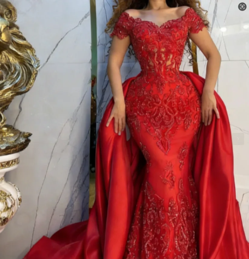 Customized Luxury Beaded Elegant Celebrity Dress Lace Beaded Fishtail Dubai Style Red With Detachable Trailing Party Evening Gow