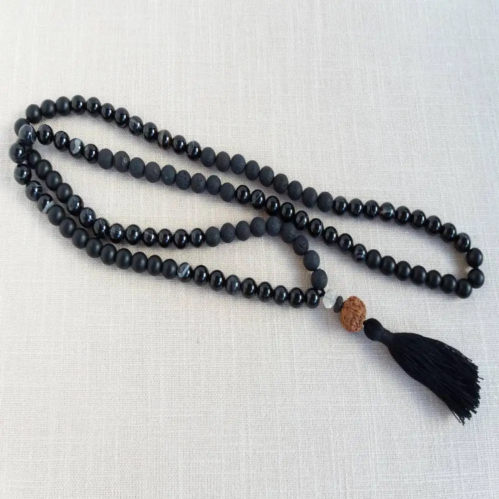 Natural Black Onyx & Lava Rock 108 Beads Mala Necklace with Rudraksha & Black Tassel Spiritual Meditation Jewelry view 4