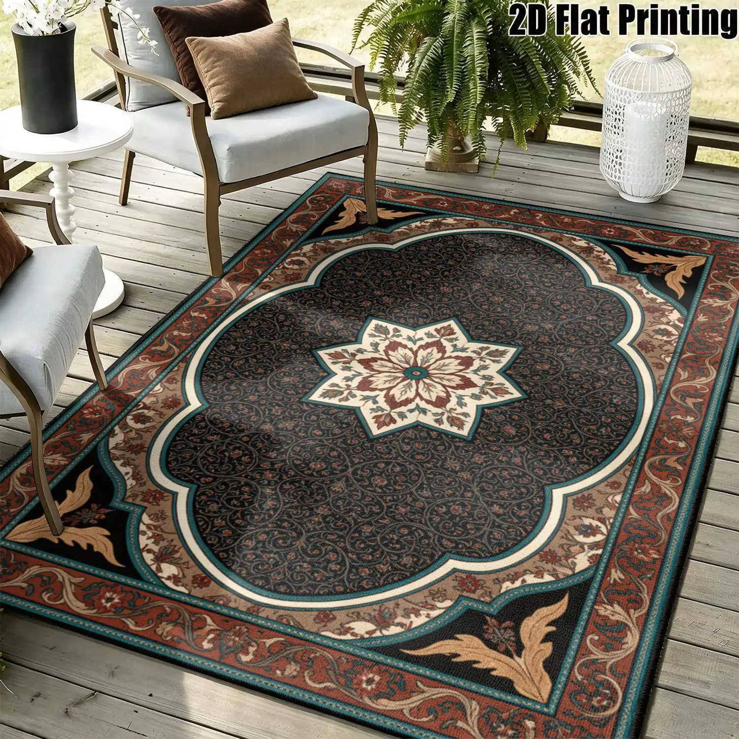 1Pc 2D Printed Retro Brown Black Star Floral Scroll Carpet, European Style Home Decor Rug, Machine Washable, Multi-Size for Entrance/Dining/Living/Bedroom