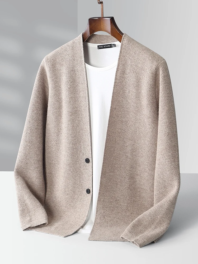 Cardigan Casual con scollo a v intelligente da uomo di nuova moda 100% maglione di lana Merino cappotto primavera autunno solido morbido Cashmere