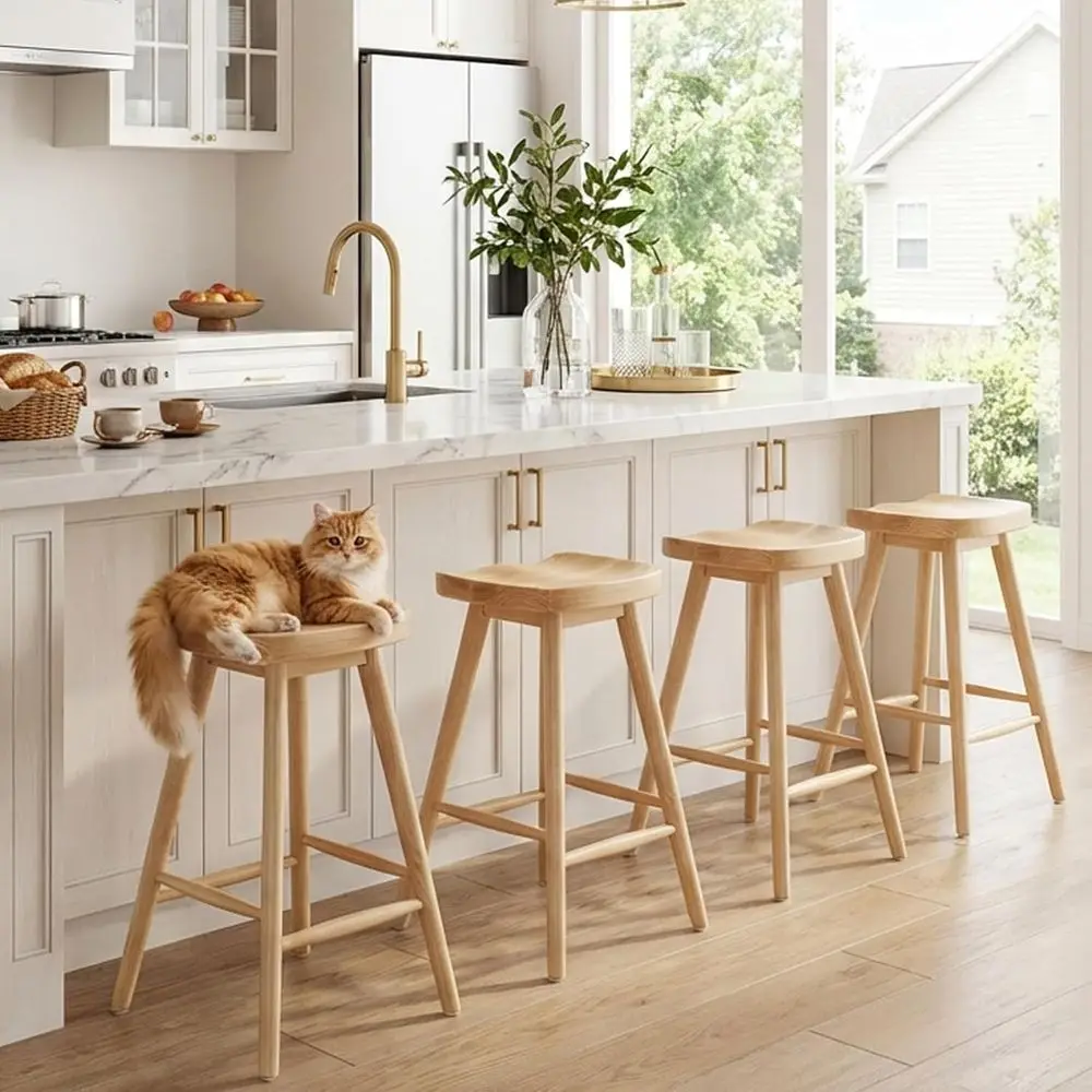 

Набор из 4 деревянных барных стульев в деревенском стиле с эргономичными сиденьями для кухонной стойки или острова, натуральное дерево