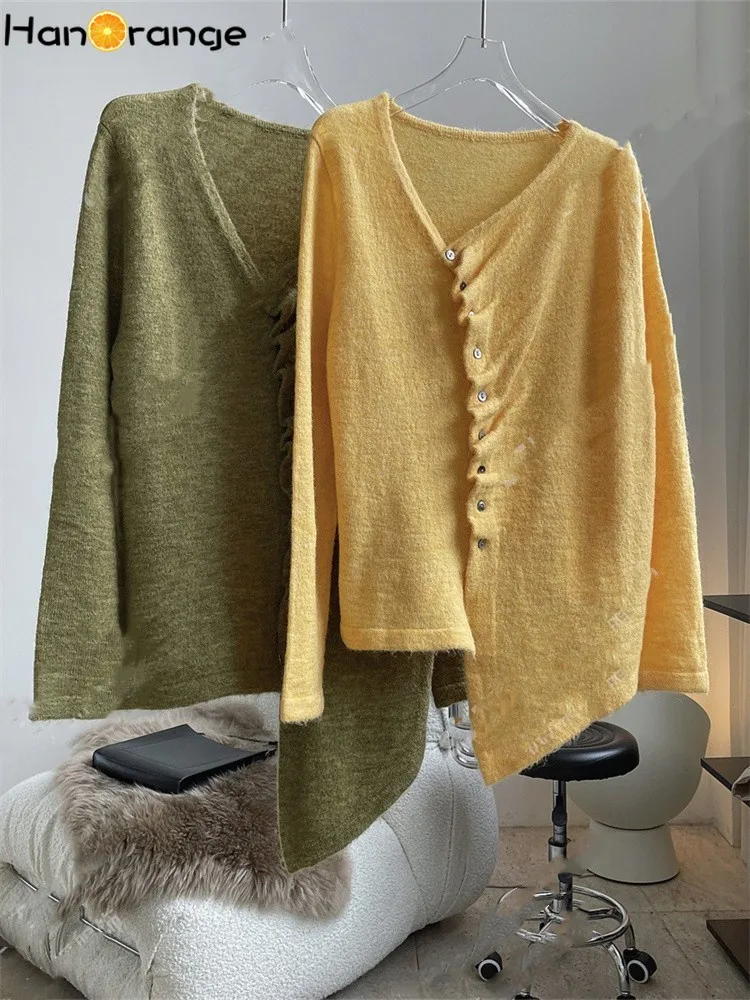 HanOrange 2024 Autumn Winter Slanted Pleated Knitted Cardigan Women Lazy Mohair Top Yellow/Withered Wood Green