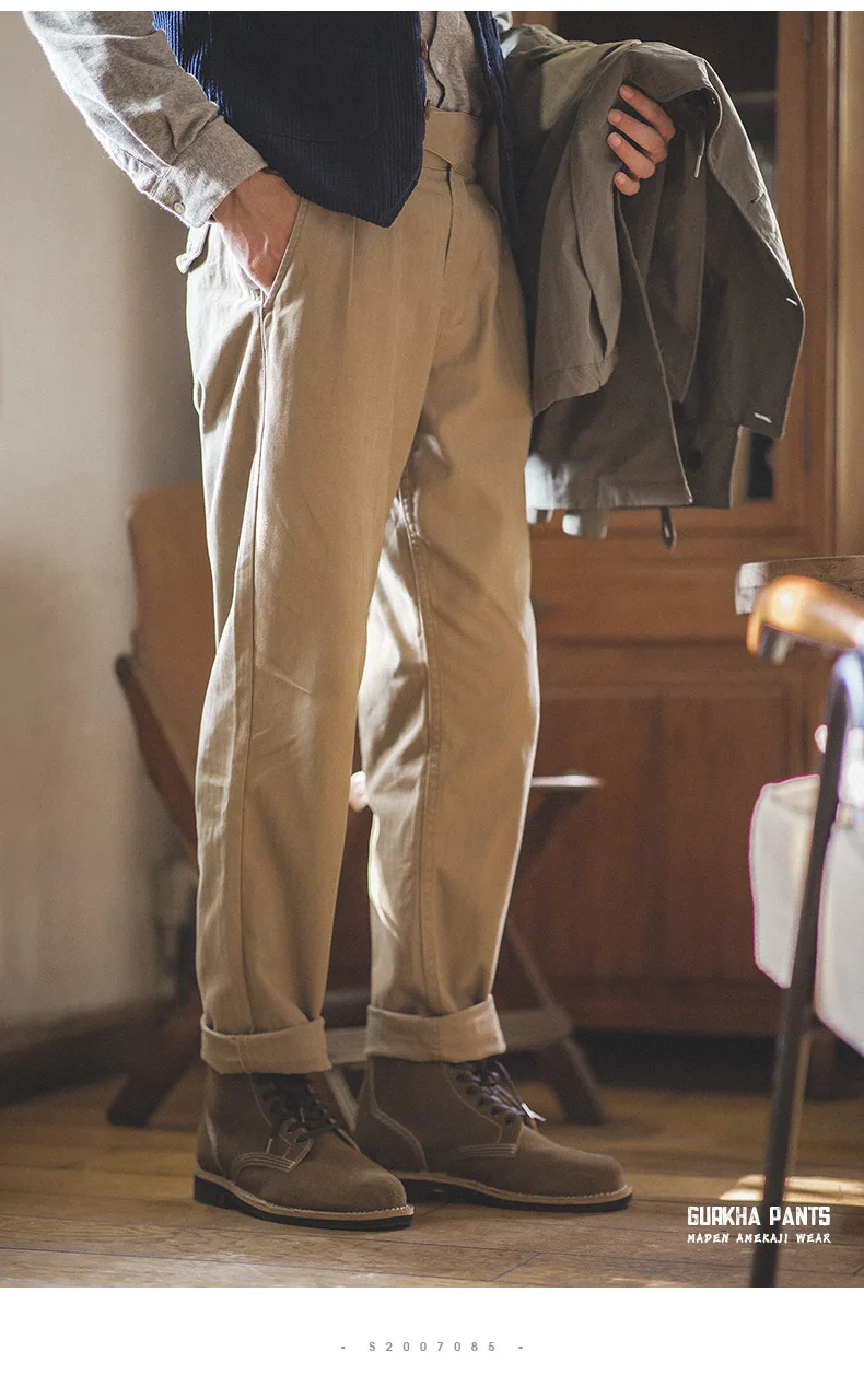 Maden Vintage Khaki Gurkha Hose, verstellbar, hohe Taille, lässige Cargo-Arbeitshose, klassische gerade Hose für Herren, Frühling und Herbst – Detail 21
