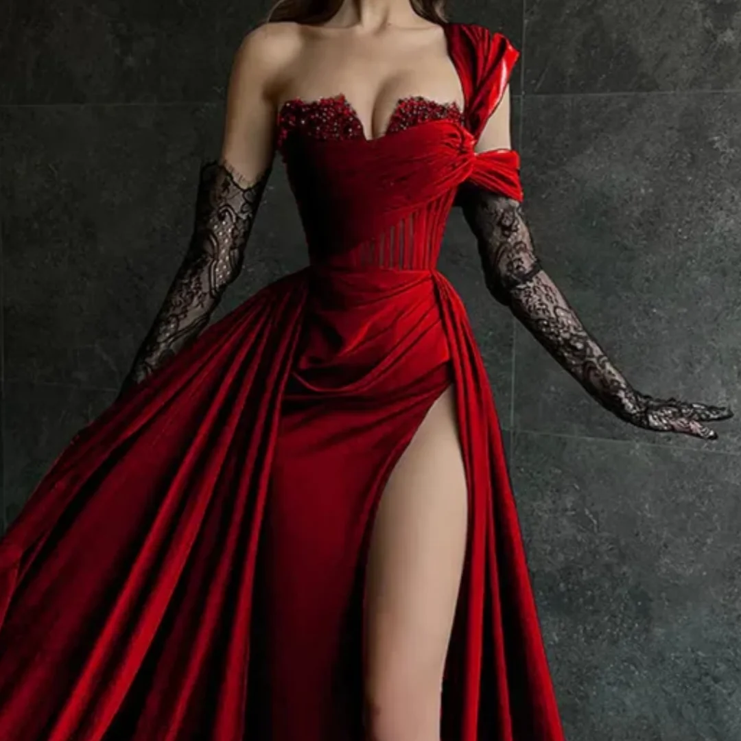 ローズレッドサイドハイスプリットマーメイドイブニングドレス恋人ステインフォーマルオケージョンドレスワンショルダープロムドレスカスタマイズ