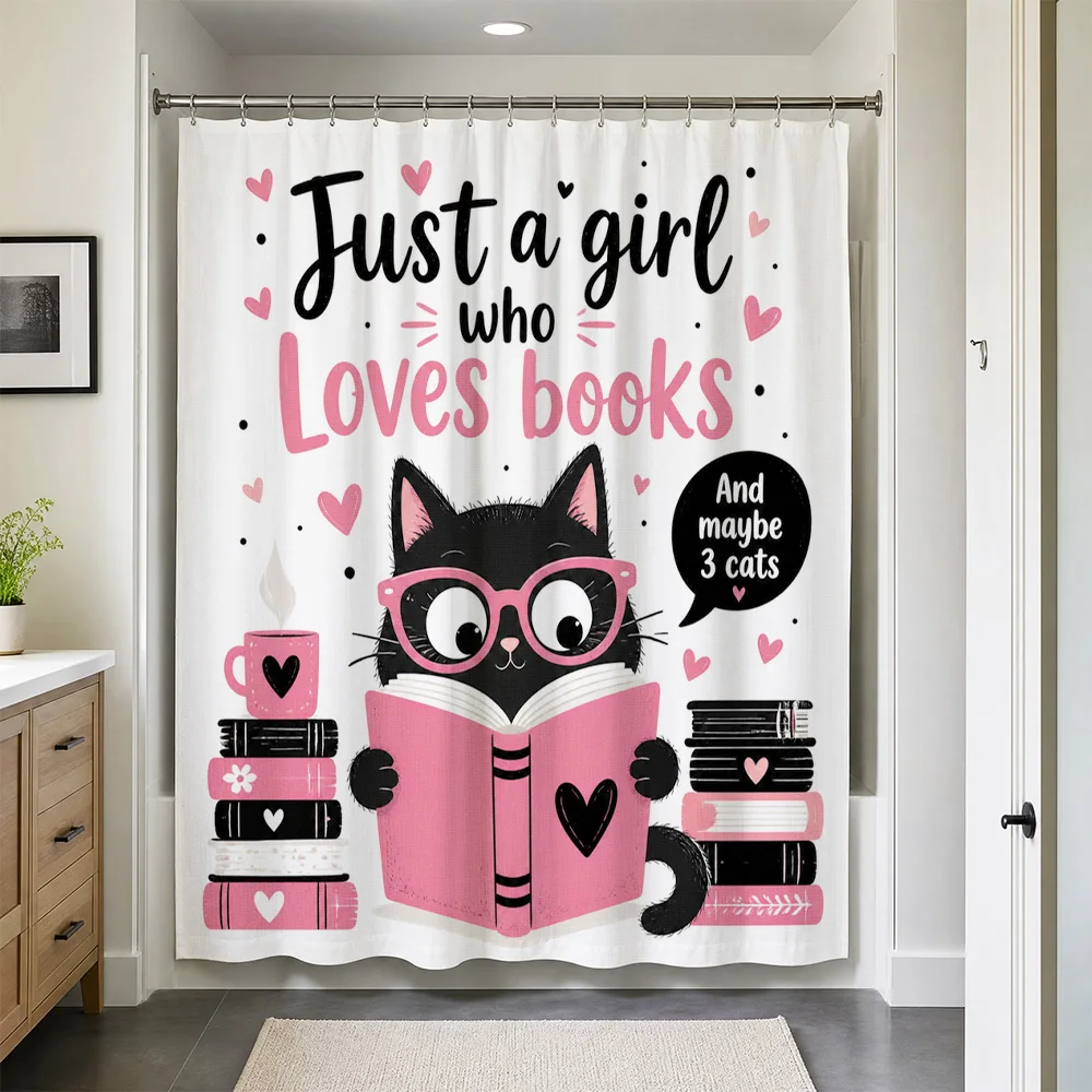 Waterproof Shower Curtain Book Lover Cat Aesthetic Girls Bathroom Decor Reading Cute Pink Literary Shower Curtain Liner
