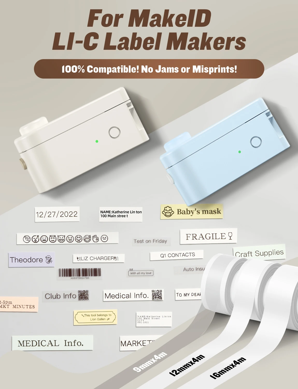 Mesin Pembuat Label Makeid L1-C dengan Pita - Pembuat Label Portabel & Dapat Diisi Ulang Kompatibel dengan Pita Tahan Air 9 12 16Mm