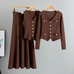 2025 Women Three Piece Sets  Kintted  Vest Pleated Skirt Spring Autumn  Cardigan Top High Waist Skirt New Elegant  Suit