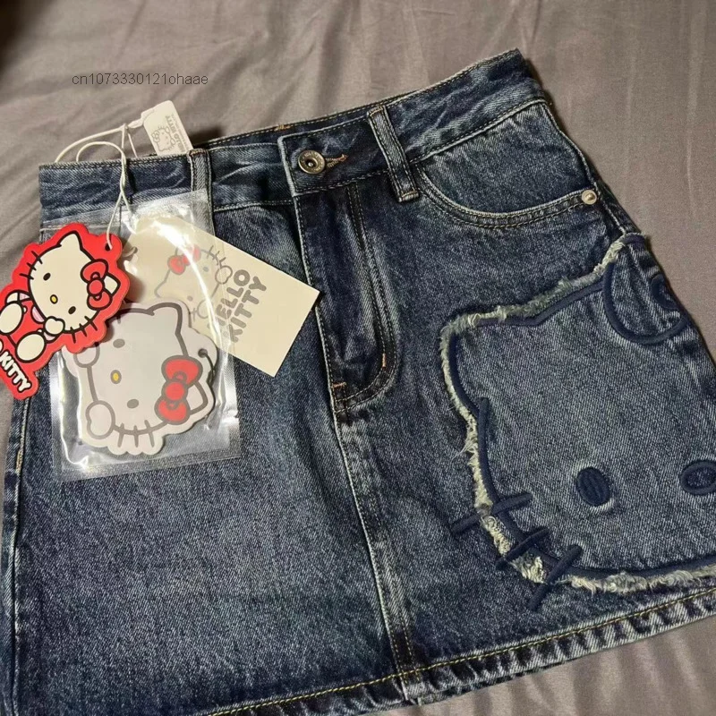 Sanrio American Retro Hello Kitty Women Denim Skirt Y2k Street Sexy Spicy Girl Short Skirt Summer High Waist Slim A Line Skrit