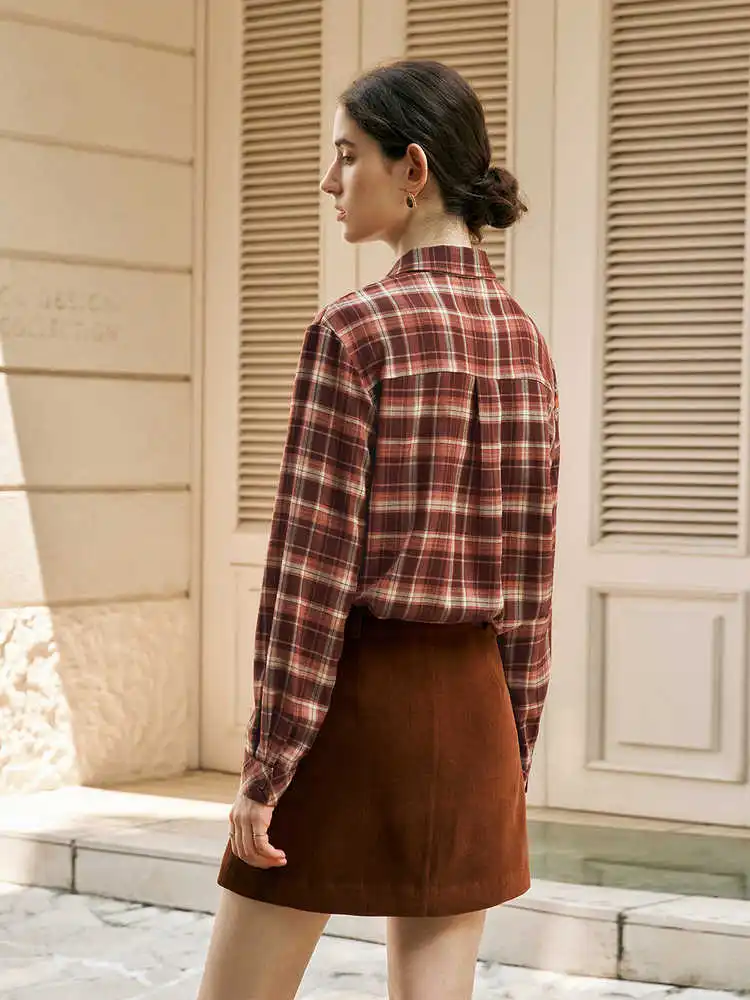 OLrain Vintage Plaid Shirt Women Spring 2025 New Fashion Lapel Collar Loose Casual Drop Sleeve Folds Female Blouses O56DC93523