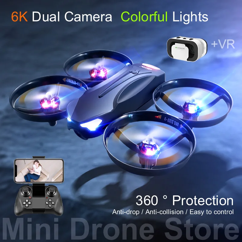 V16 Colorful LED RC Helicopters Toy Gifts 360° Full Containment Protection Mini FPV Drone 4K VR Aerial Photography Free Return