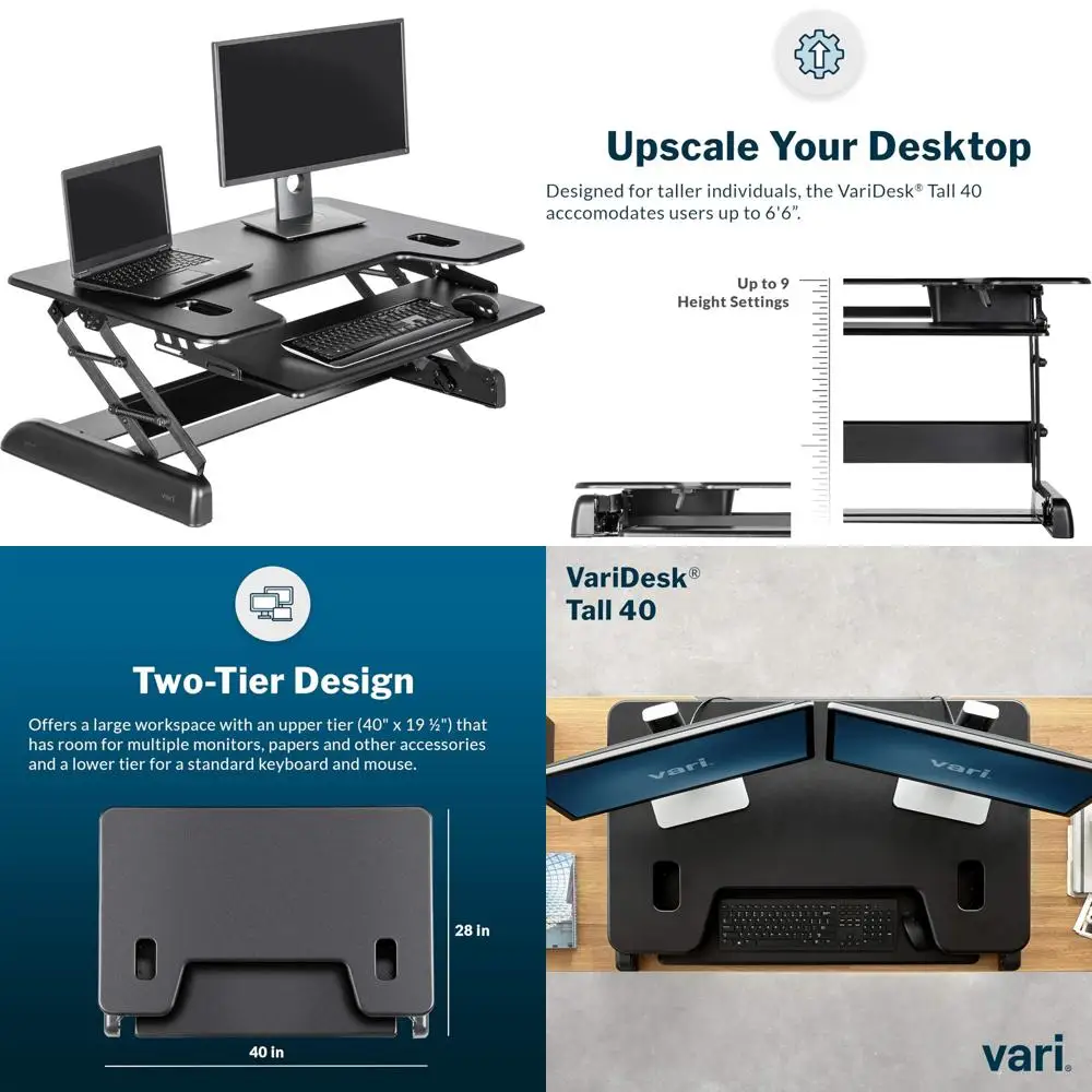 Convertidor de escritorio de pie 40 de ancho, 11 alturas ajustables, diseño de doble nivel, bandeja para teclado, se adapta a escritorios hasta 28 de profundidad