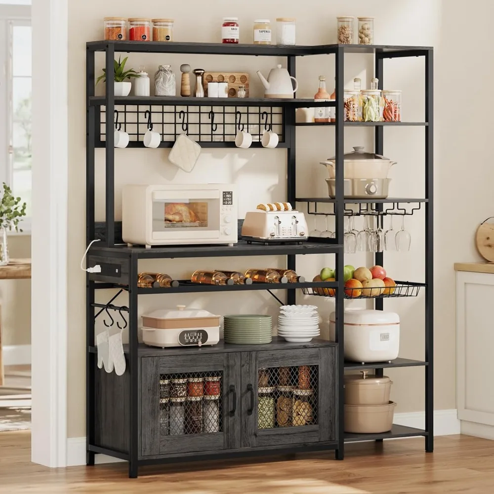 

Bakers Rack with Power Outlet, 47.2in Microwave Stand with Storage Shelves, Coffee Bar with Cabinet, Kitchen Pantry Hutch, Side