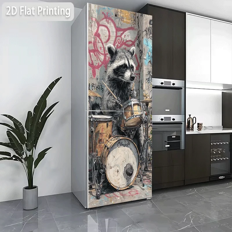 Refrigerator Sticker[60X180 Cm]Sticker for Refrigerator And Dishwasher with a Street Drummer Instant Noodle Theme Design, Self