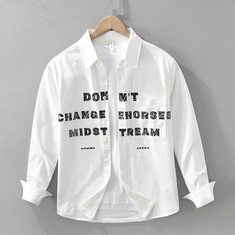 

Корейская мода, мужские рубашки с длинным рукавом, весенняя уличная рубашка с буквенным принтом, мужские топы из чистого хлопка, рубашка с карманами и лацканами, новинка 2023 г.