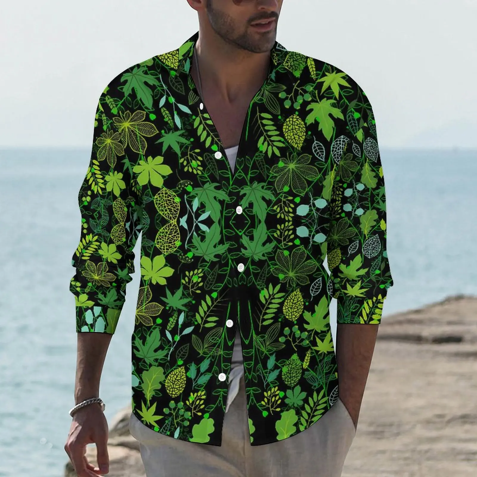 Plant Print Shirt Autumn Green Leaves Casual Shirts Man Cool Blouses Long Sleeve Custom Stylish Clothing Big Size