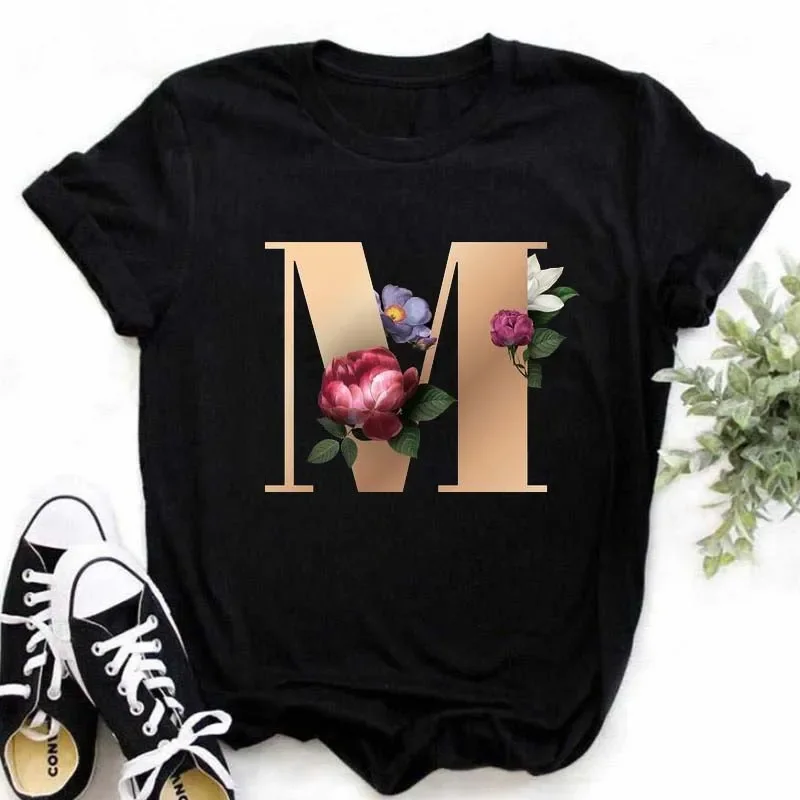 M N O P Q R English Alphabet Print T Shirt Women New Summer Couples Lovers Classic Harajuku Casual Black Tops