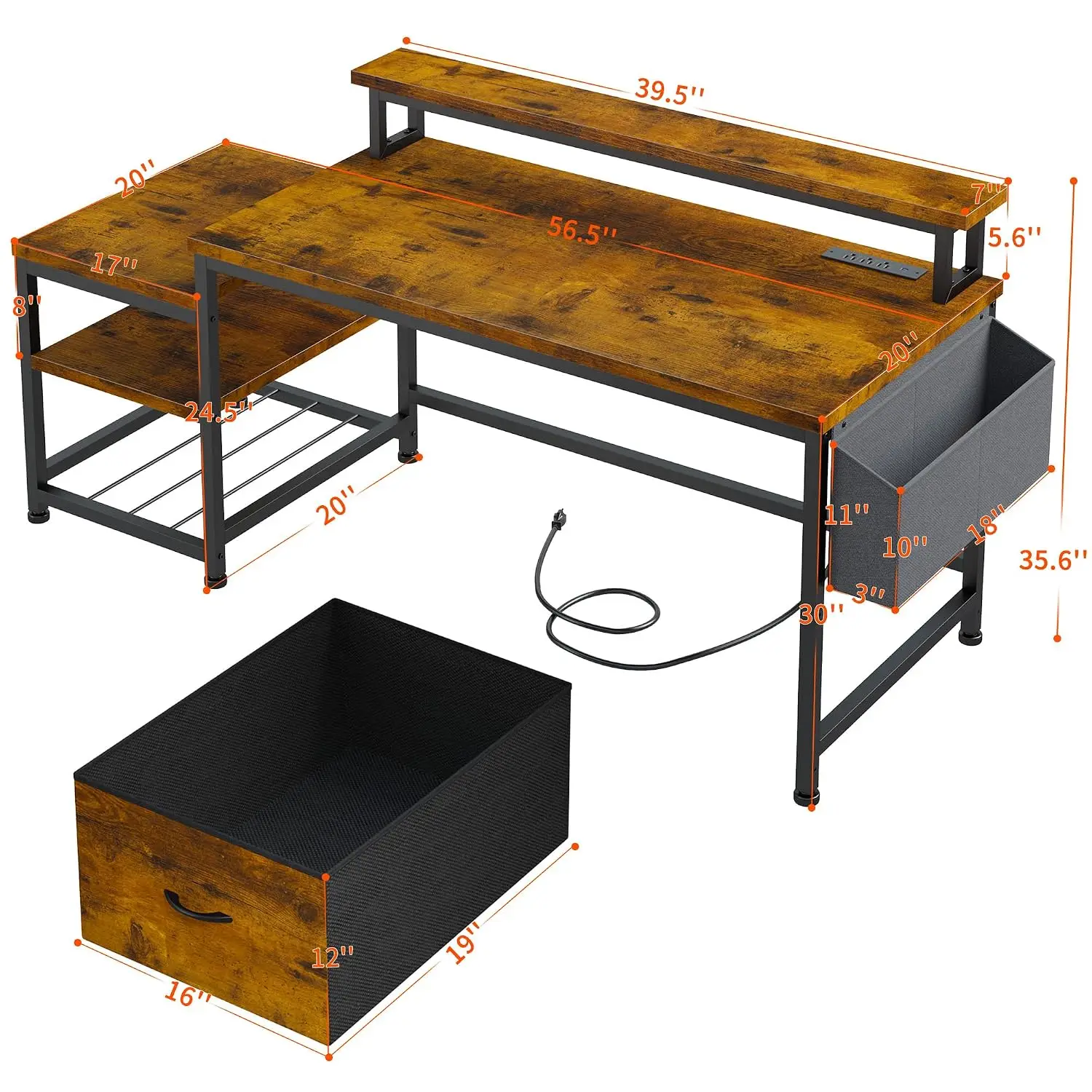 Office Desk with Drawers & Printer Shelf, 56.5
