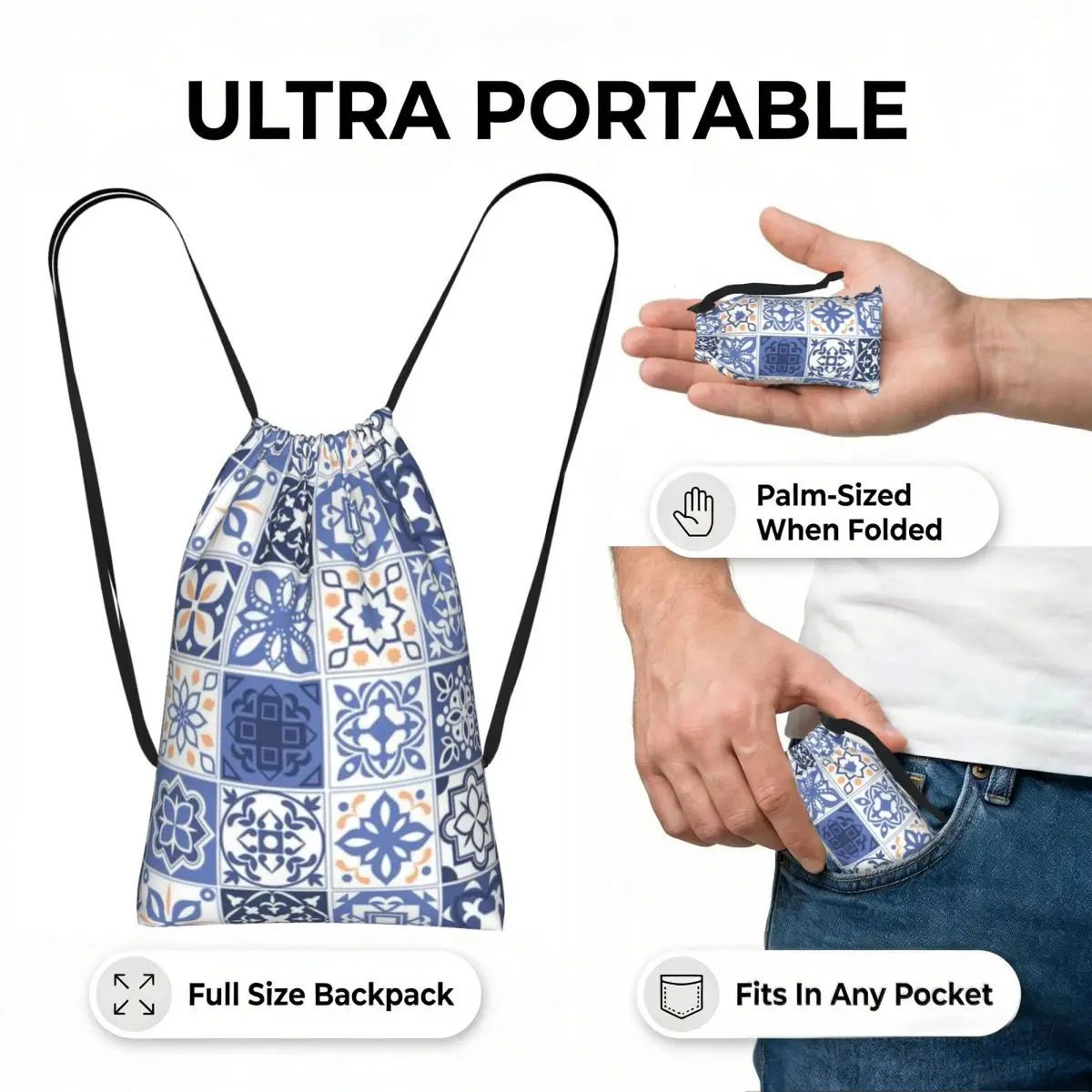 Blue Portuguese Tile Portugal Azulejo Flower Drawstring Backpack hiking cycling Bag Portable Travel Drawstring Bag for Men Women