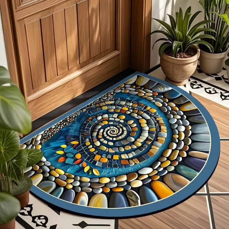 Natural Stone Spiral Half Round Doormat Rustic Pebble Mosaic Semi-Circular Entrance Rug Boho Zen Non-Slip Floor Mat for Entryway