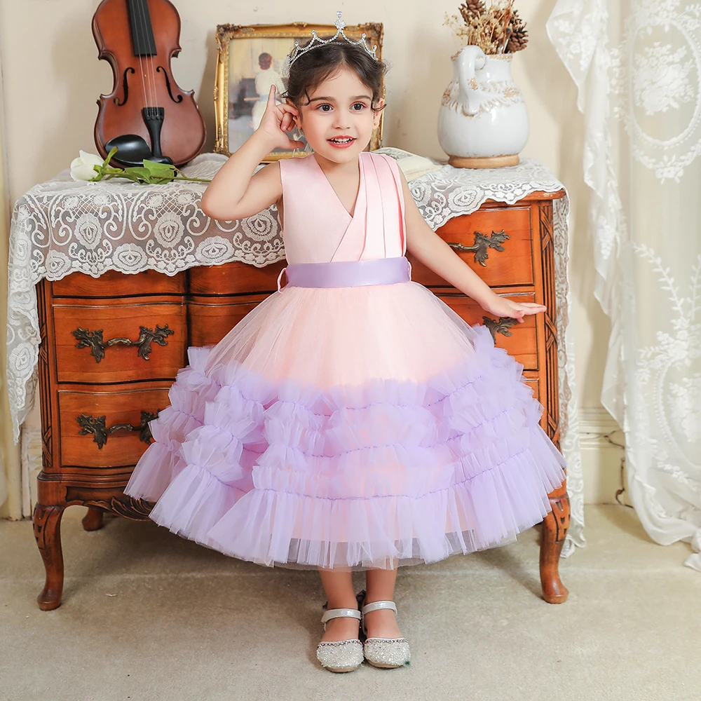 2023 Pink Puffy Cake Party Dress for Baby Girl Christmas First Baptism Lace Bow Princess Dresses Kids Tutu Birthday Wedding Gown