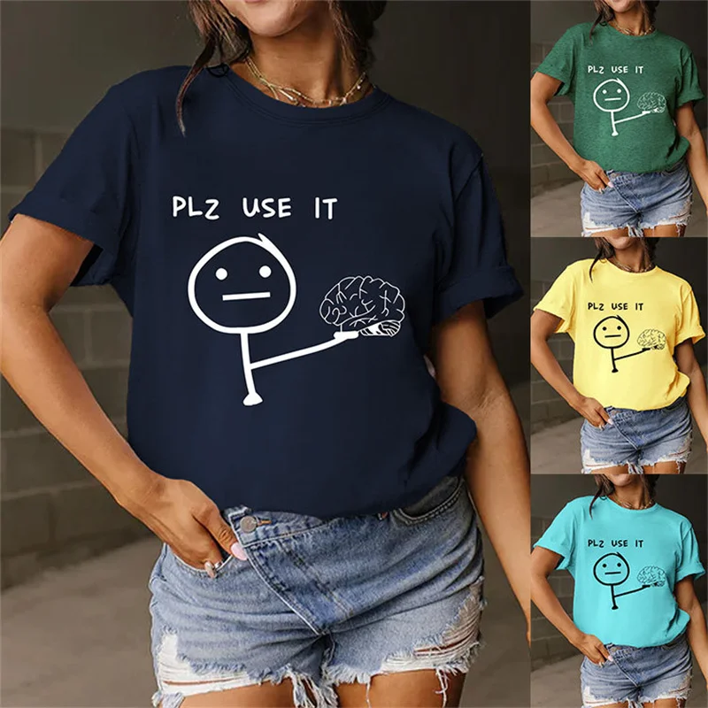 

new summer cotton plz use it brain fun printed women's vintage round neck short sleeve T-shirt top