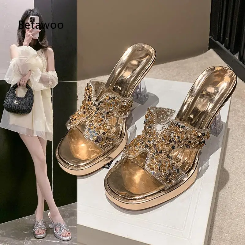 2026 Women Rhinestone Chunky Heel Platform Slide Sandals Comfortable Summer Party Dress Shoes