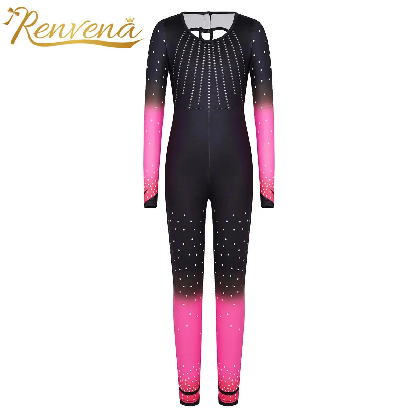 Kids Full Length Dots Print Rhythmic Gymnastics Jumpsuit Girls Dance Unitard Long Sleeve Cross Cutout Back Yoga Sports Bodysuit