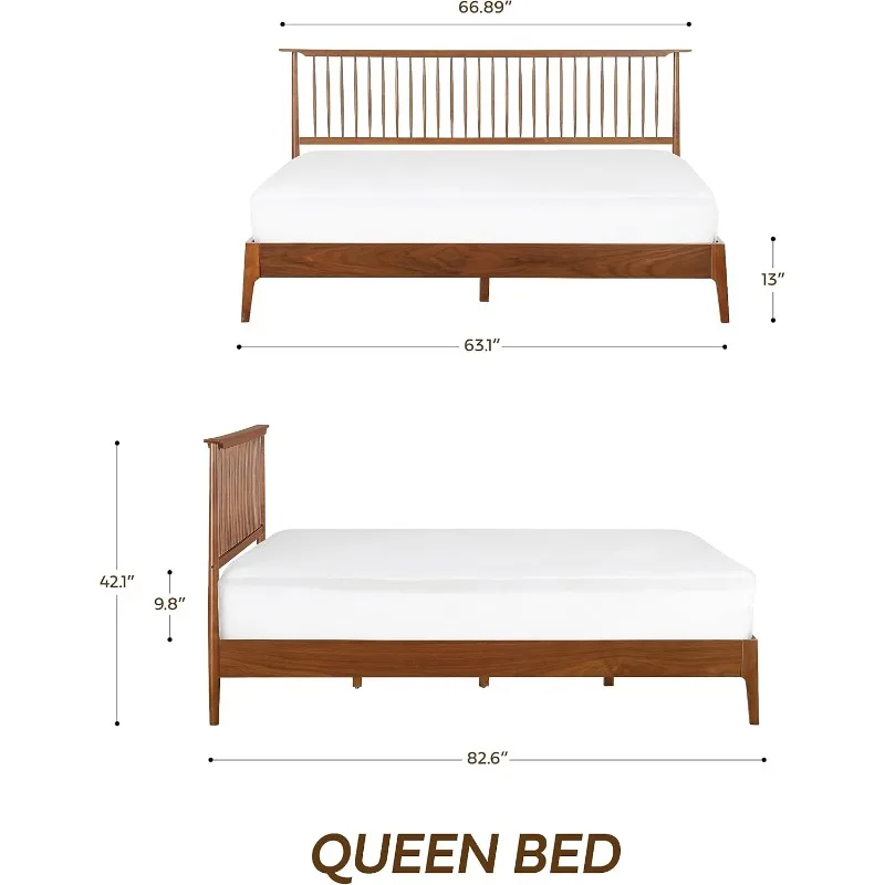 Wooden Bed Frame with Headboard, Crafted From Walnut, Rubber Wood with Silent Slats and Wood Central Supports, 1000 Lb Capacity