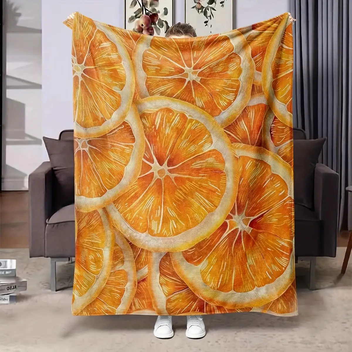 Vibrant Orange Slice Tropical Fruit Print Throw Blanket for Couch Sofa Home Decor Cozy Living Room Summer Nap Throws Decorative