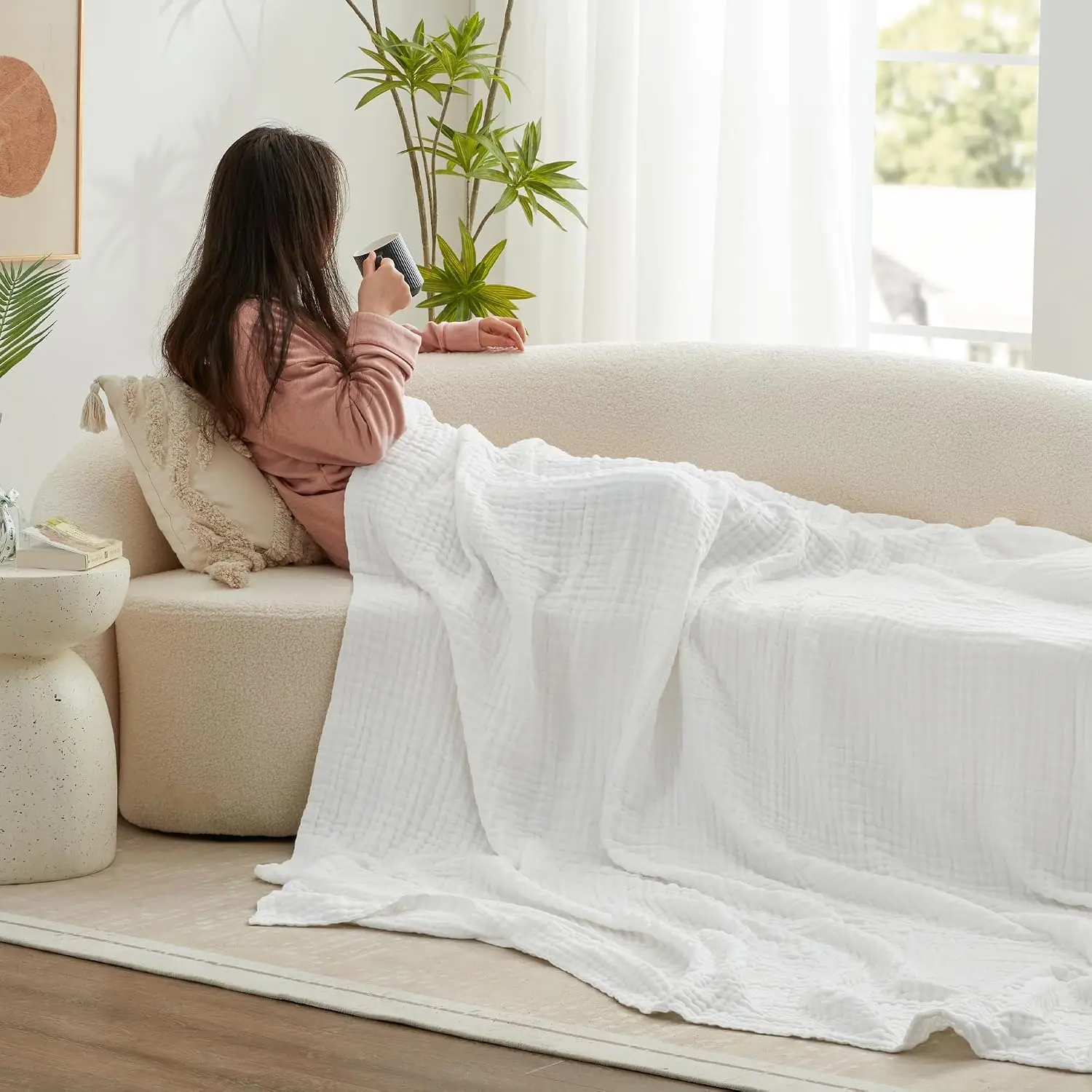 100% Cotton Muslin Blanket, 6 Layer Lightweight Breathable Gauze Weave Throw Blanket, Soft Comfort Summer Blanket for Bed
