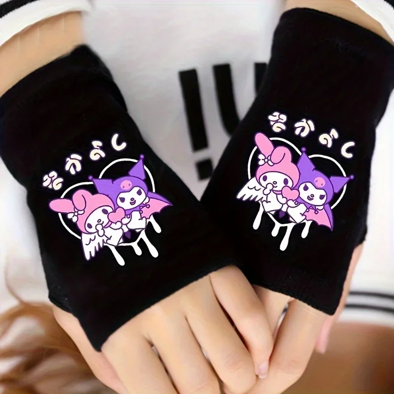 Sanrio Kuromi Warm Winter Gloves Cute Cartoon Full Finger Elastic Mittens for Students Outdoor Sports Accessories Gift