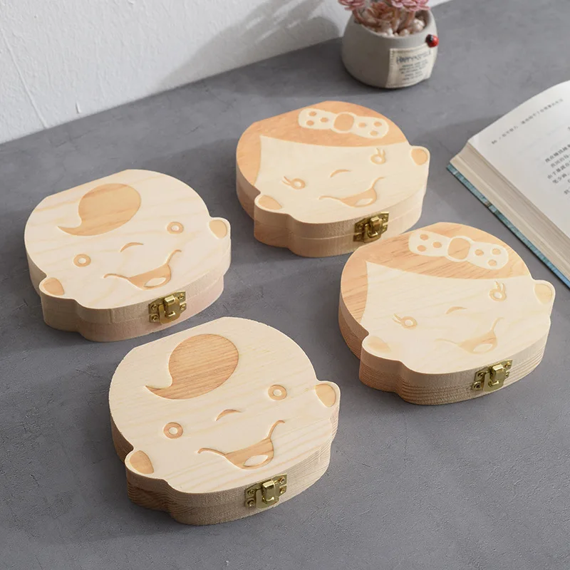 

English/Spanish/French Wooden Baby Tooth Box Organizer Milk Teeth Storage Umbilical Lanugo Save Collect Baby Souvenirs Gifts