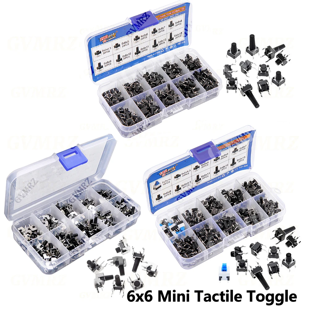 100/180/200PCS 4pin Pushbutton 6x6mm Micro Push Tact Switch Kit 6x6 Mini Tactile Toggle Touch Button PCB Momentary
