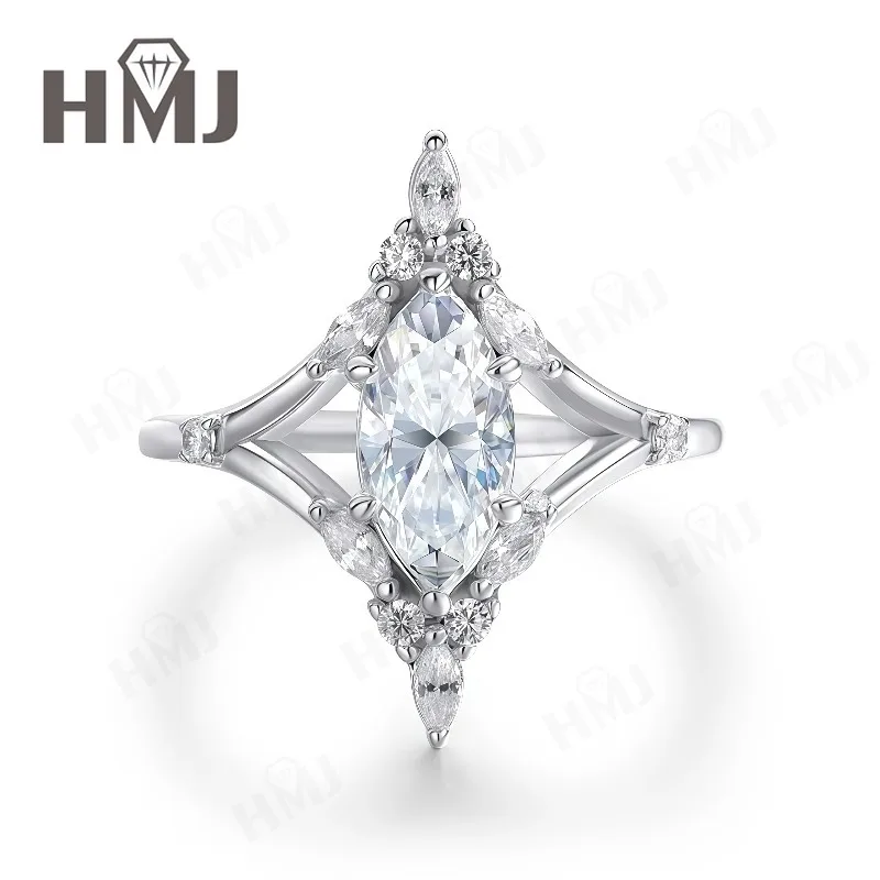 925 Sterling Silber Moissanit Halo-Ring - Marquise-Schliff D-Farbe/Schwarz/Champagner Feiner Schmuck Muttertags-Schmuckgeschenk für Sie – Detail 3