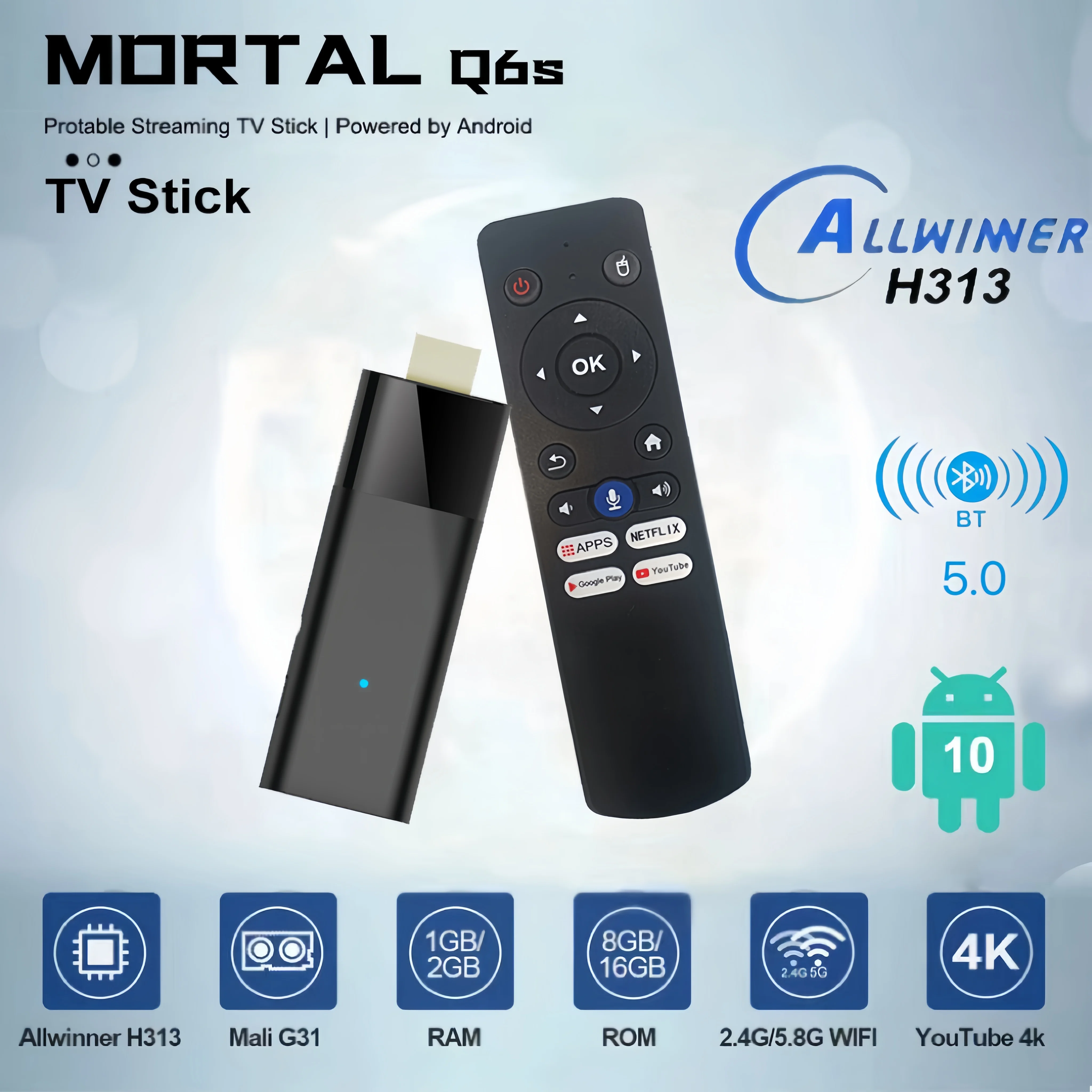 Smart TV Stick Mortal Q6S Android10 Allwinner H313 Quad Core Support 4K HDR 10 2.4&5G Wifi BT5.0 With Google Voice Remote 2G16G