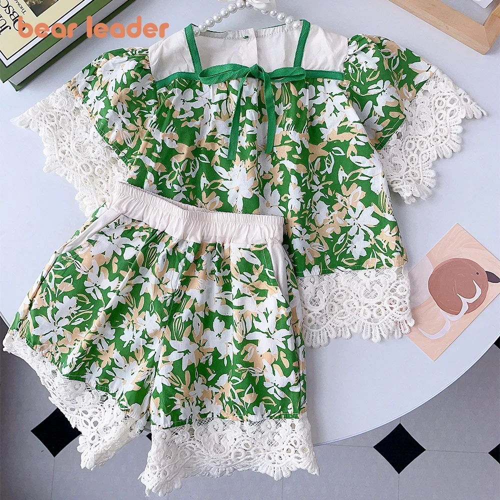 Bear Leader New Girls Kids Sweet High Quality Set Flower Lace Shirt Lace Shorts Two Piece Fashion Fragmented Short Sleeve Set