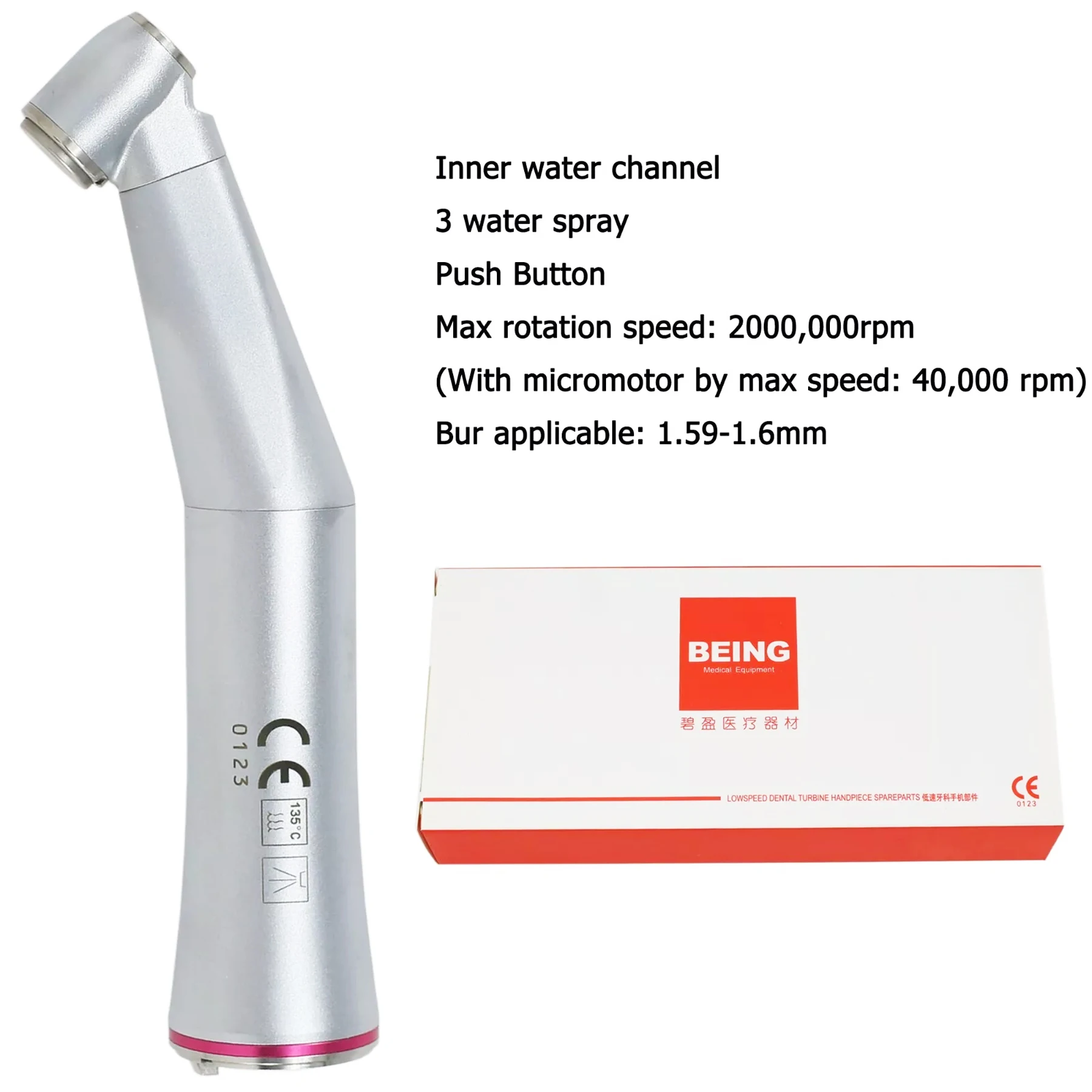 

BEING Dental 1:5 Increasing Speed Contra Angle Handpiece Fiber Optic Push Button 3 Water Spray Compatible NSK KaVo