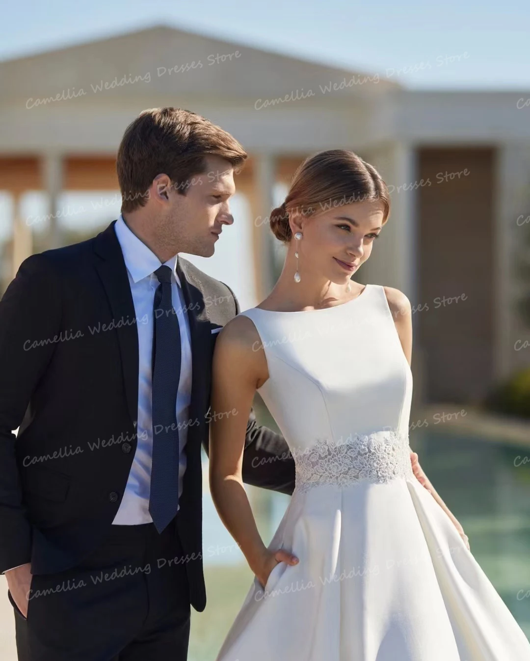 Vestido De Novia Formal De satén para mujer, traje sencillo De corte en A, sin mangas, con espalda descubierta y cuello redondo, para fiesta, 2024