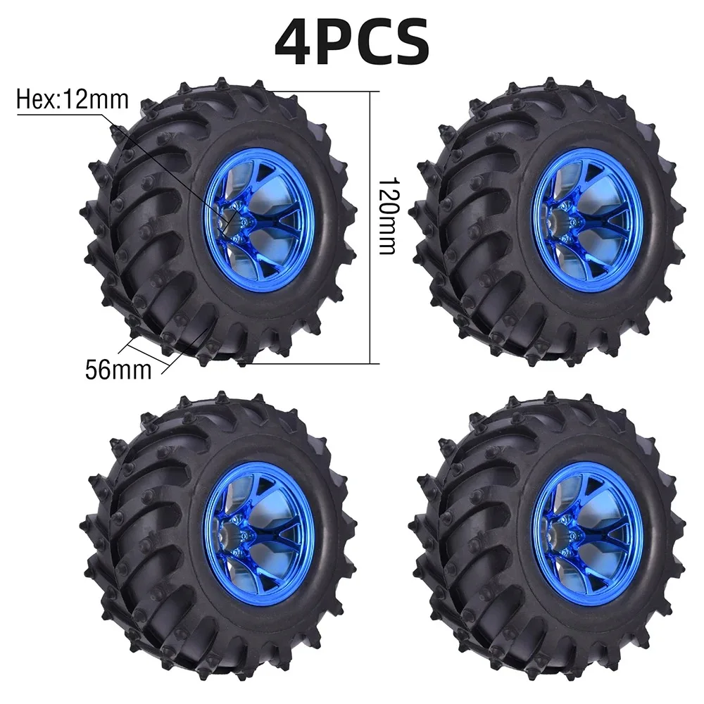 4pcs Heavy Duty 120mm Off-Road Monster Truck Tyres 12mm Hexagonal Rims Wear Resistant RC Crawler Upgrade for 1/10 Traxxas SCX10